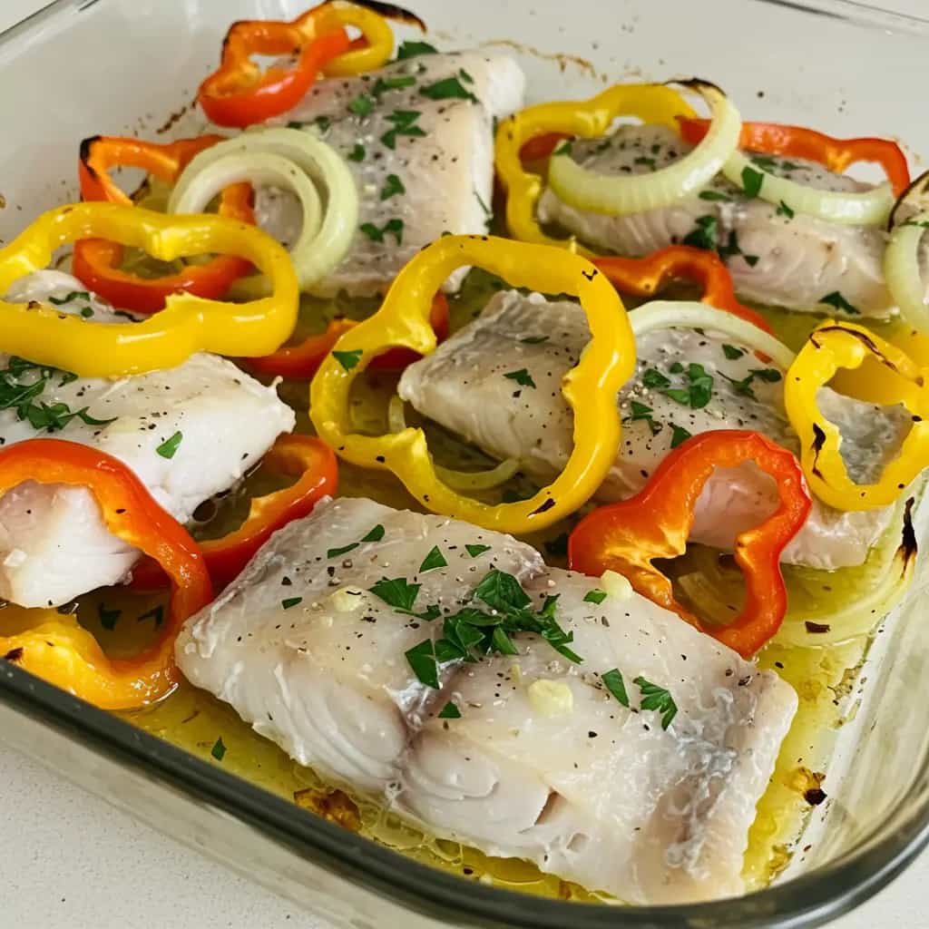 Merluza ao Forno com Legumes