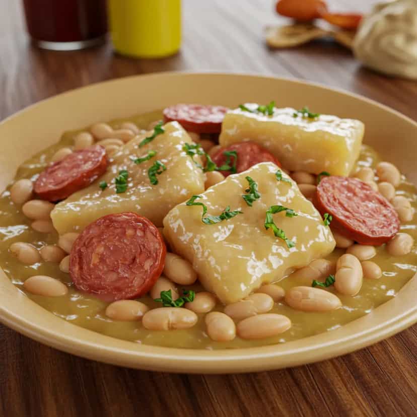 Foto deliciosa de Mocotó com Feijão Branco e Linguiça pronta para servir - Pratos Brasileiros Icônicos