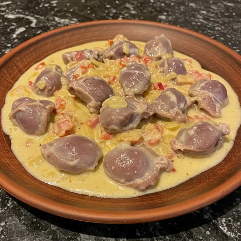 Foto deliciosa de Moela ao Molho Cremoso de Cebola pronta para servir - Carnes & Frango