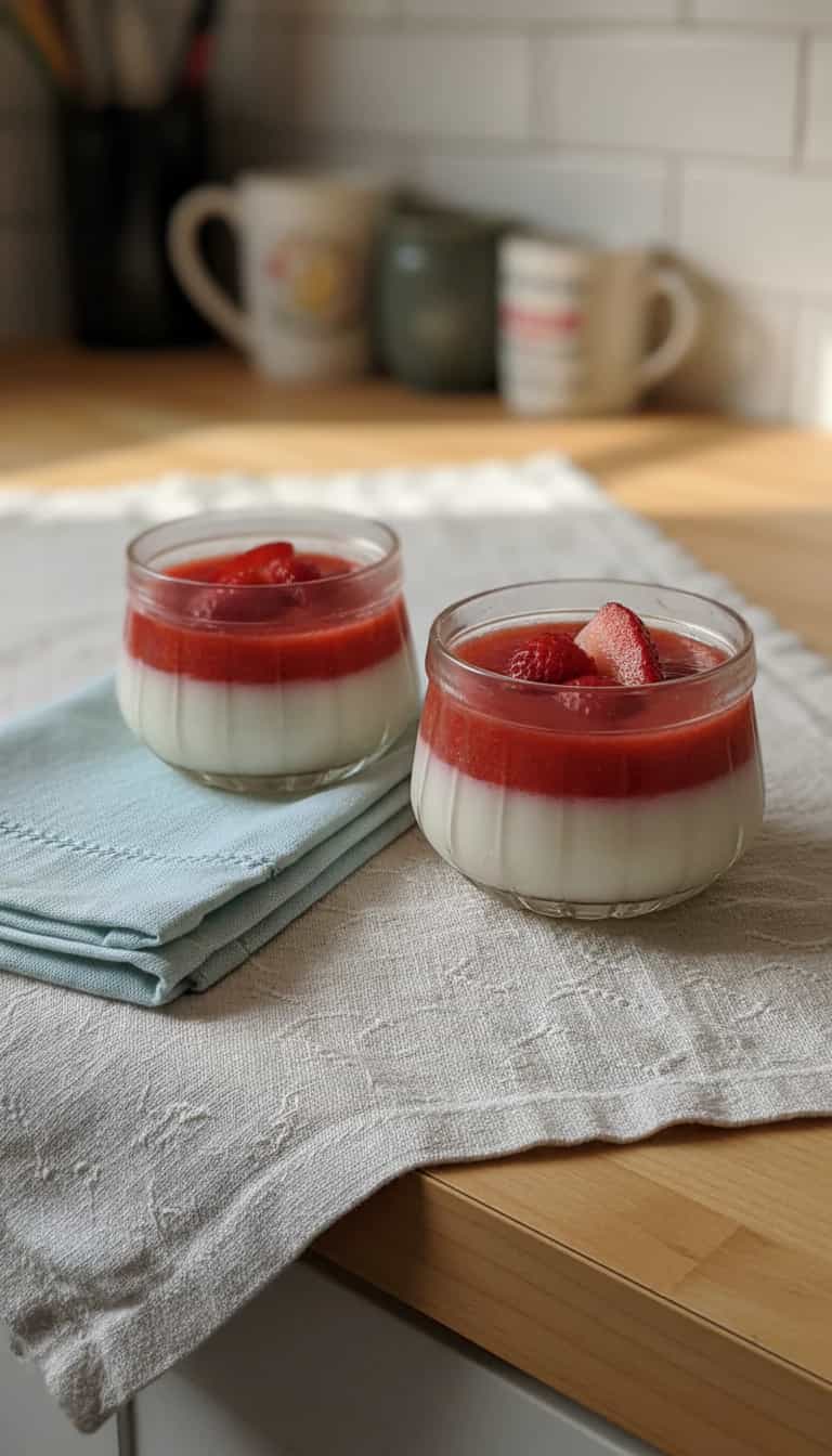 Foto deliciosa de Mousse de Leite com Purê de Morango pronta para servir - Pudins & Cremes