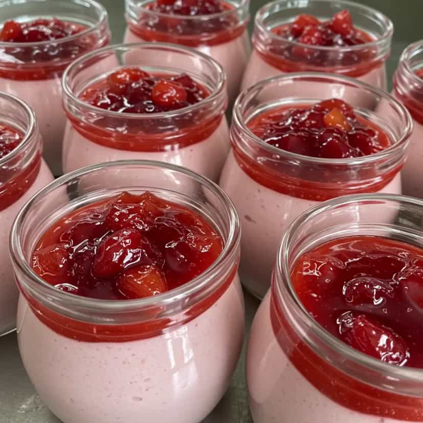 Foto deliciosa de Mousse de Morango com Pedaços e Calda pronta para servir - Pudins & Cremes