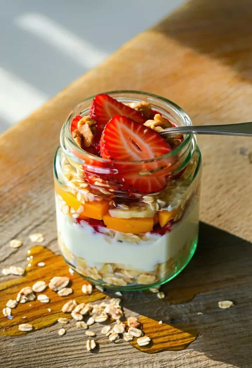 Foto deliciosa de Overnight com Iogurte e Frutas pronta para servir - Aveia