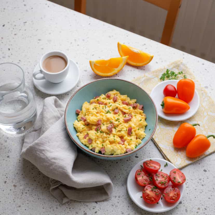 Foto deliciosa de Ovos Mexidos com Presunto e Queijo pronta para servir - Brunch