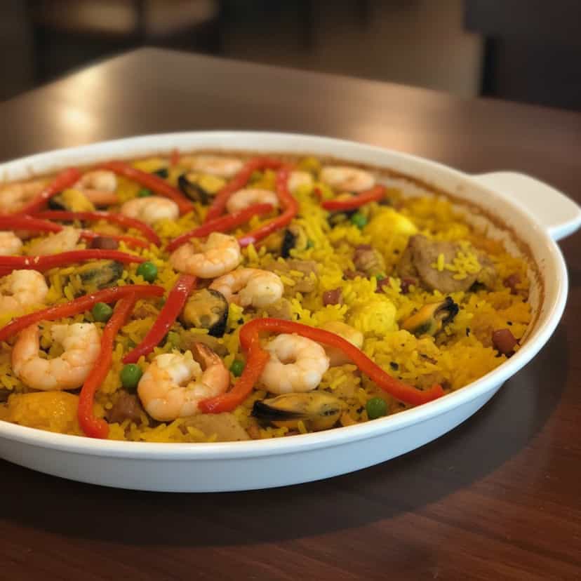 Foto deliciosa de Paella Valenciana Tradicional pronta para servir - Peixes & Frutos do Mar