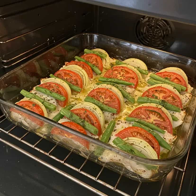 Foto deliciosa de Panga ao Forno com Batata e Legumes pronta para servir - Peixes & Frutos do Mar