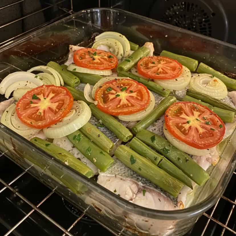 Foto deliciosa de Panga ao Forno com Batata e Legumes pronta para servir - Peixes & Frutos do Mar
