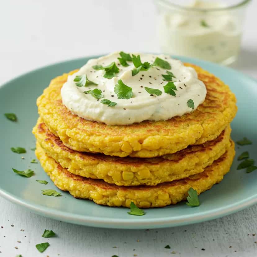 Foto deliciosa de Panqueca Salgada de Milho Vegana pronta para servir - Panquecas & Waffles