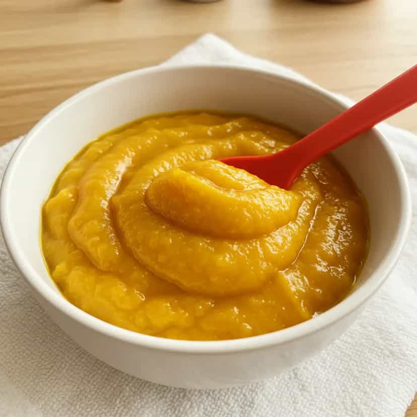 Foto deliciosa de Papinha de Manga com Batata-Doce pronta para servir - Snacks Naturais