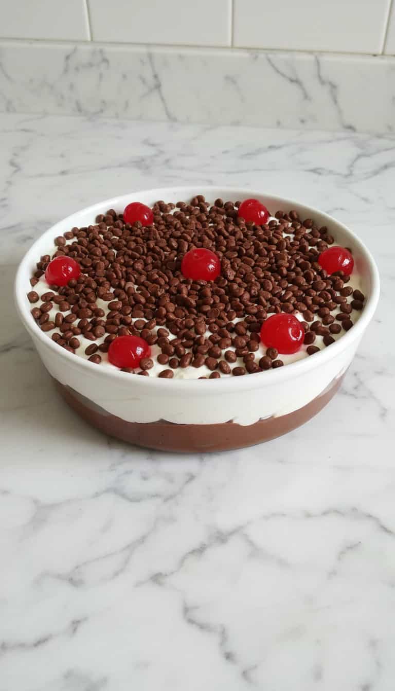 Foto deliciosa de Pavê de Chocolate com Cerejas pronta para servir - Pudins & Cremes