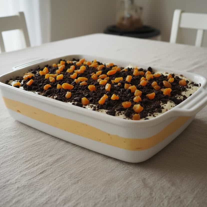 Foto deliciosa de Pavê de Damasco com Creme Inglês pronta para servir - Pudins & Cremes