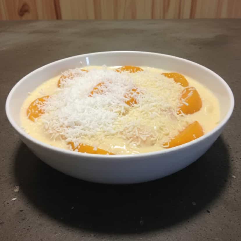 Foto deliciosa de Pavê de Pêssego com Chocolate Branco pronta para servir - Pudins & Cremes