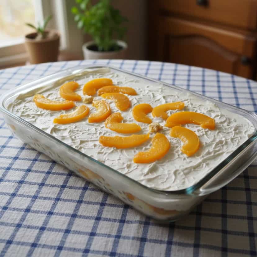 Foto deliciosa de Pavê de Pêssego Cremoso pronta para servir - Pudins & Cremes