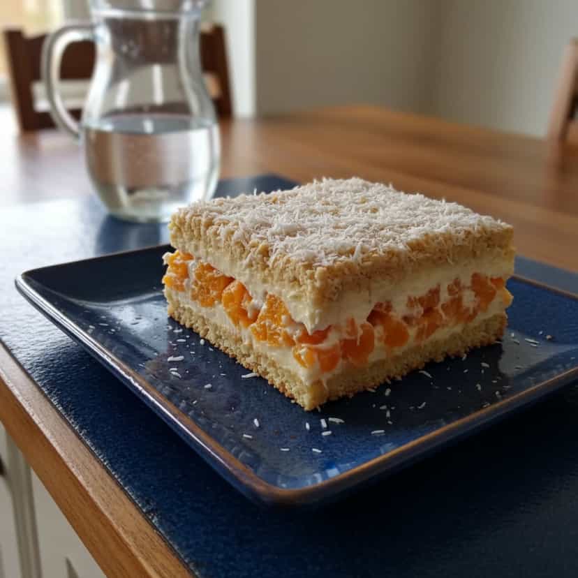 Foto deliciosa de Pavê de Pêssegos Cremoso pronta para servir - Pudins & Cremes