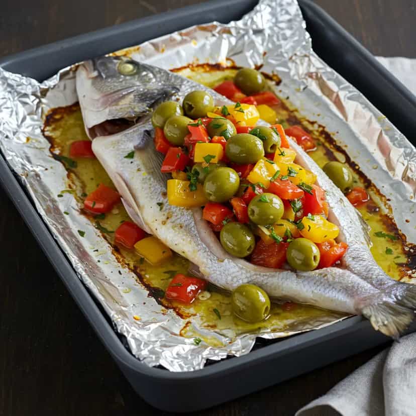 Foto deliciosa de Peixe Assado com Azeitonas e Cogumelos pronta para servir - Peixes & Frutos do Mar
