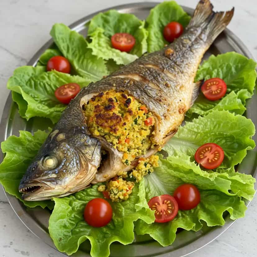 Foto deliciosa de Peixe Assado Recheado com Farofa pronta para servir - Peixes & Frutos do Mar