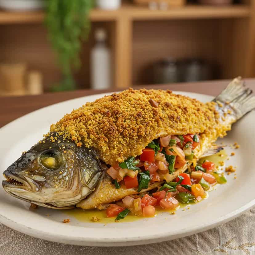 Foto deliciosa de Peixe de forno recheado pronta para servir - Peixes & Frutos do Mar