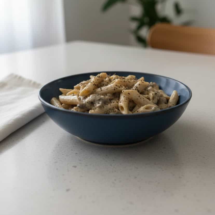 Foto deliciosa de Penne ao Filé Mignon com Rúcula pronta para servir - Massas & Macarrão