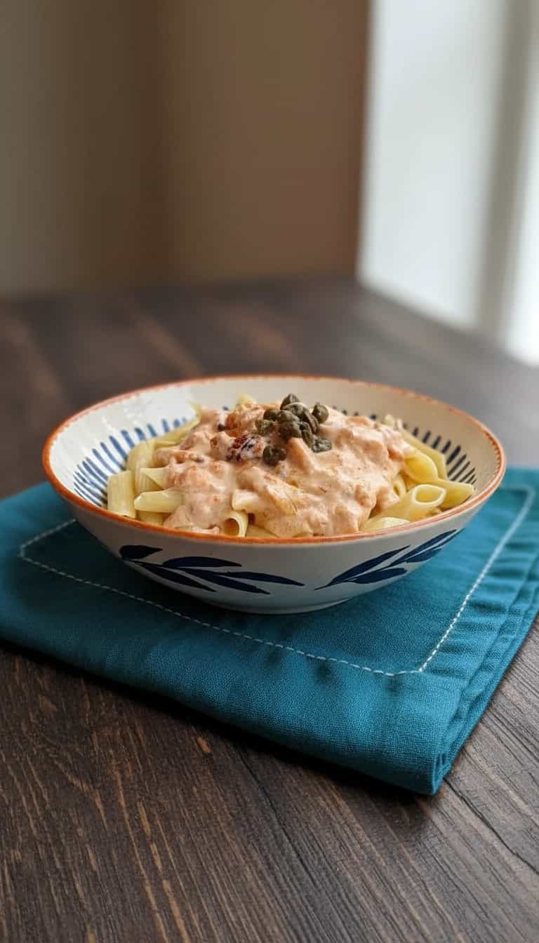 Foto deliciosa de Penne com Molho de Salmão e Alcaparras pronta para servir - Massas & Macarrão