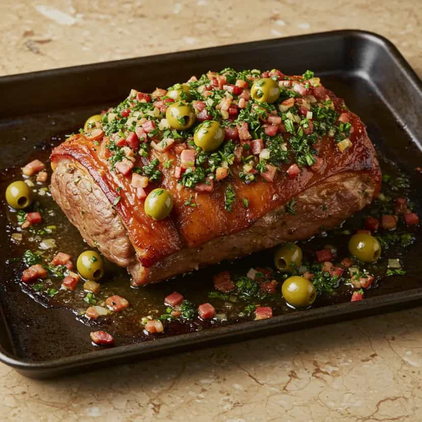 Foto deliciosa de Pernil Assado com Bacon e Coentro pronta para servir - Carnes & Frango