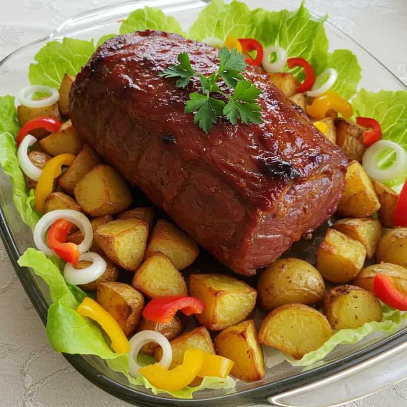 Foto deliciosa de Pernil Assado com Batatas e Calabresa pronta para servir - Carnes & Frango