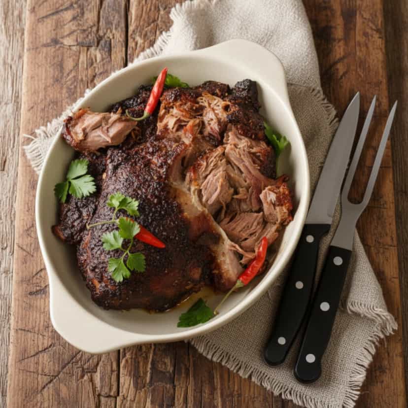 Foto deliciosa de Pernil de Porco ao Vinho Tinto pronta para servir - Carnes & Frango