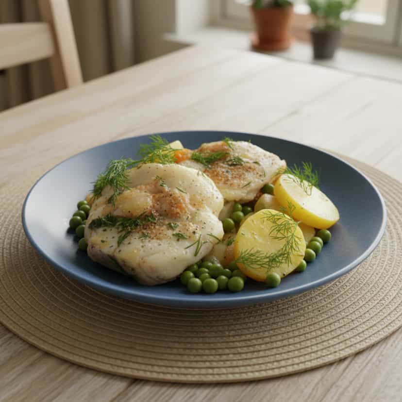 Foto deliciosa de Pescada e Salmão ao Molho de Ervas pronta para servir - Peixes & Frutos do Mar
