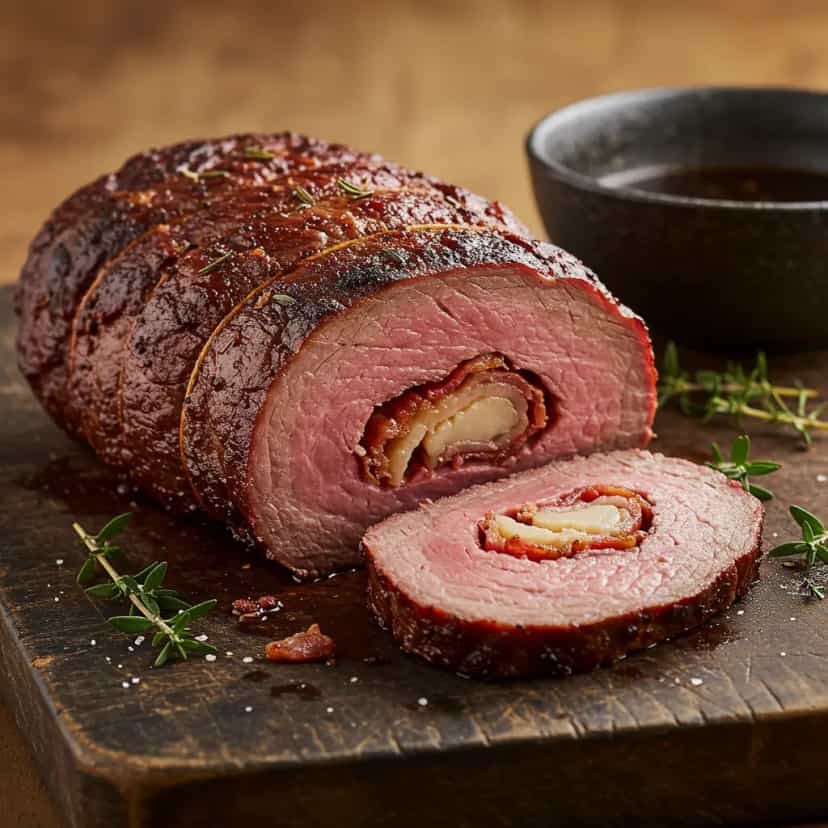 Foto deliciosa de Picanha Recheada ao Vinho Tinto pronta para servir - Carnes & Frango