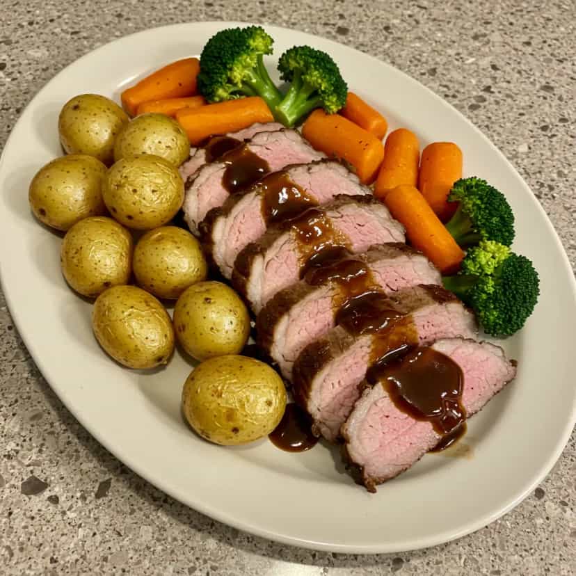 Foto deliciosa de Picanha Suína com Legumes Assados pronta para servir - Carnes & Frango