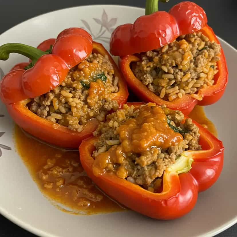 Foto deliciosa de Pimentões Recheados com Carne e Arroz pronta para servir - Pratos Brasileiros Icônicos