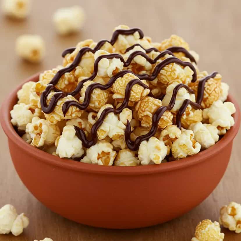 Foto deliciosa de Pipoca Doce com Calda de Chocolate pronta para servir - Outras Receitas