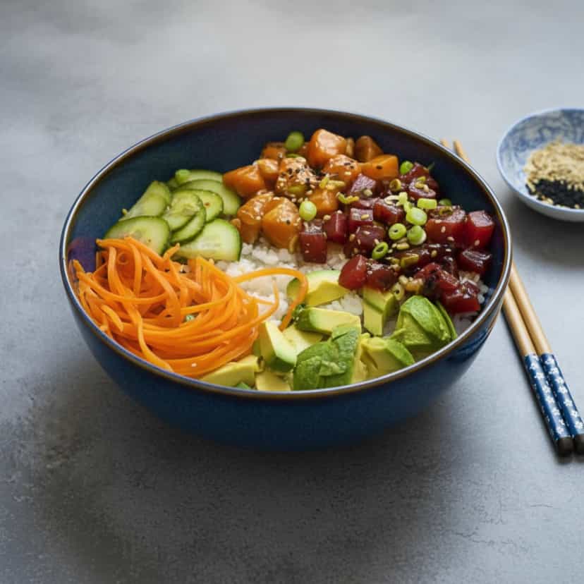 Foto deliciosa de Poke de Salmão e Atum pronta para servir - Peixes & Frutos do Mar