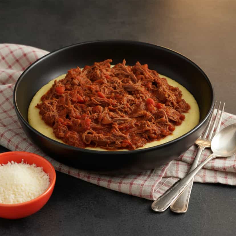 Foto deliciosa de Polenta cremosa com Ragu de Costela pronta para servir - Carnes & Frango