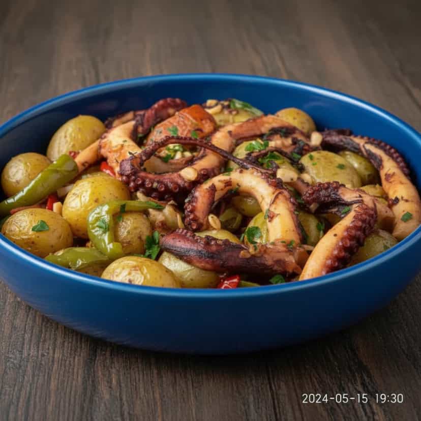 Foto deliciosa de Polvo assado com batatas ao forno pronta para servir - Peixes & Frutos do Mar