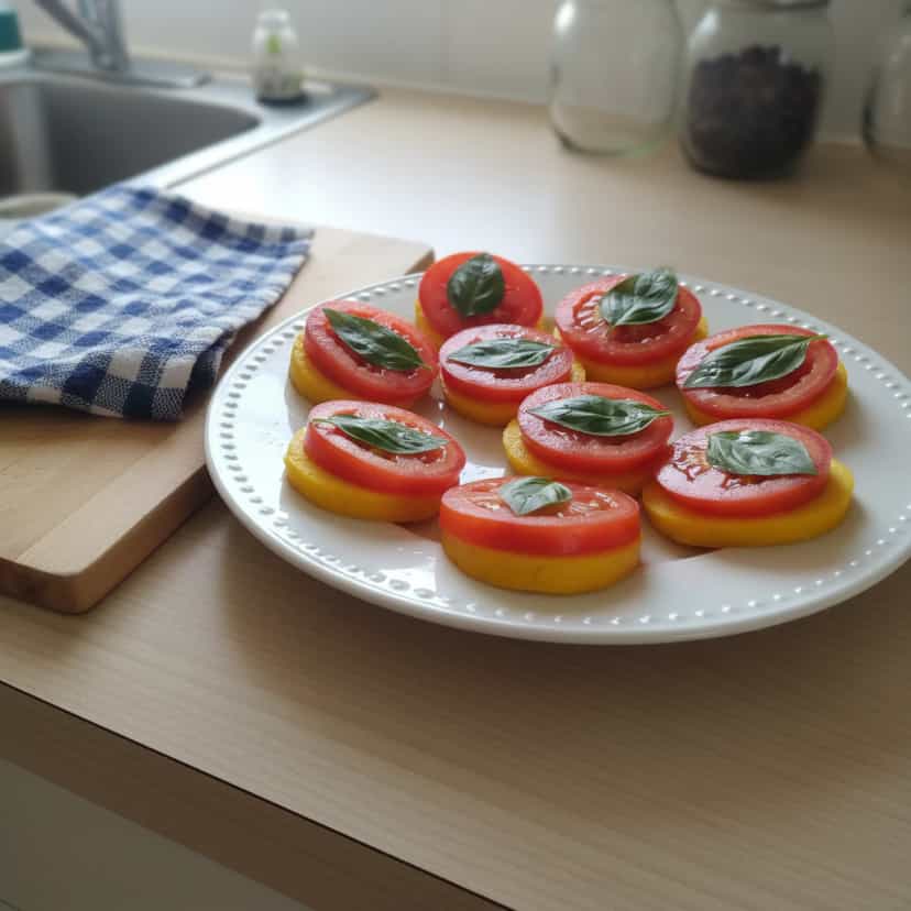 Foto deliciosa de Provoleta com Tomate e Manjericão pronta para servir - Salgadinhos
