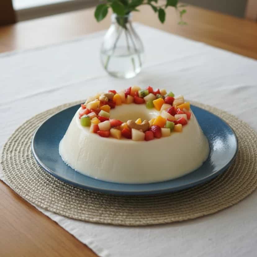 Foto deliciosa de Pudim Cremoso de Leite com Frutas pronta para servir - Pudins & Cremes