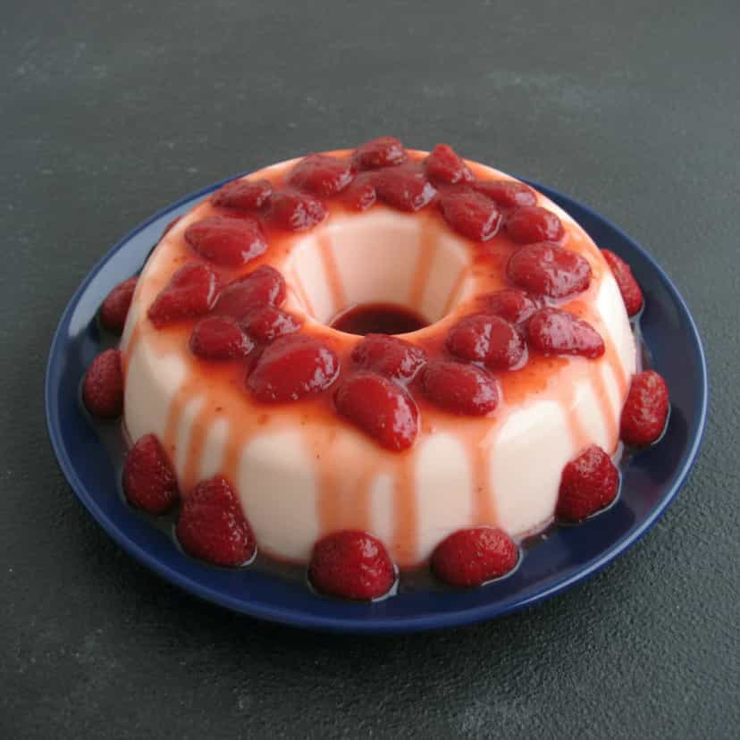 Foto deliciosa de Pudim de Morango com Calda Fresca pronta para servir - Pudins & Cremes