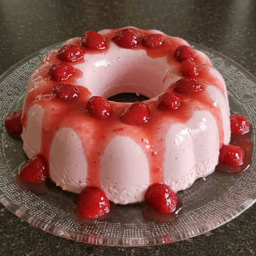 Foto deliciosa de Pudim de Morango com Calda pronta para servir - Pudins & Cremes