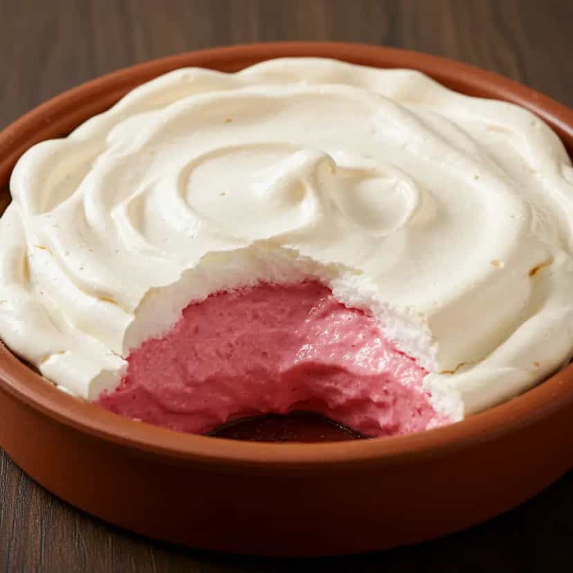 Foto deliciosa de Pudim de Morango com Suspiro Caseiro pronta para servir - Pudins & Cremes