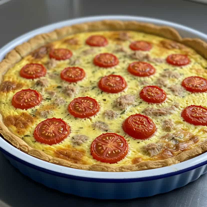 Foto deliciosa de Quiche de Atum e Tomate Cereja pronta para servir - Tortas Salgadas