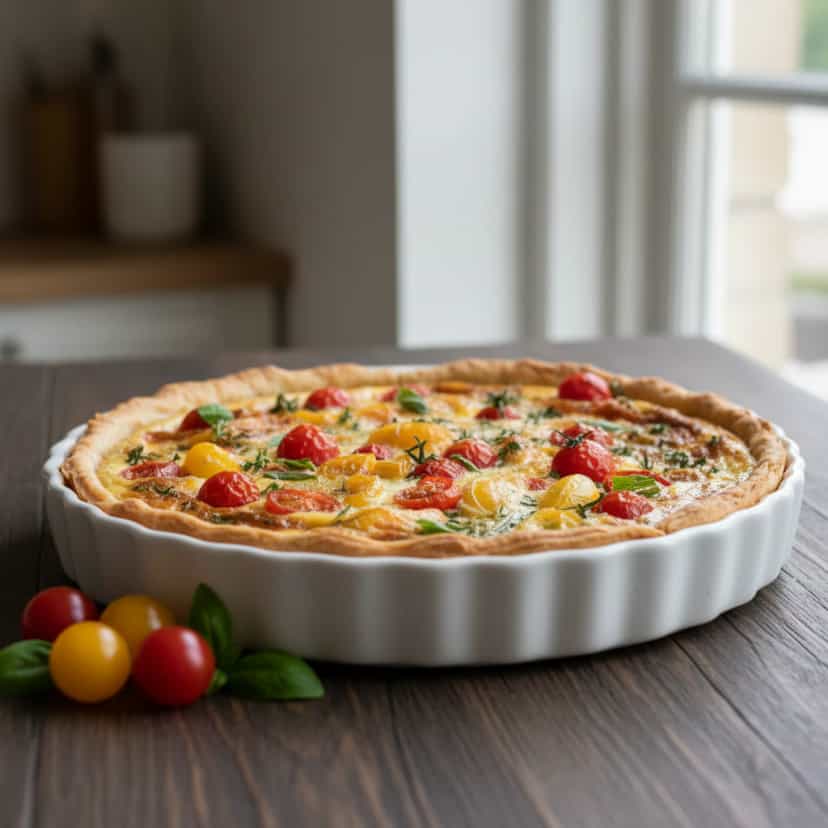 Foto deliciosa de Quiche de Legumes e Pancetta pronta para servir - Tortas Salgadas