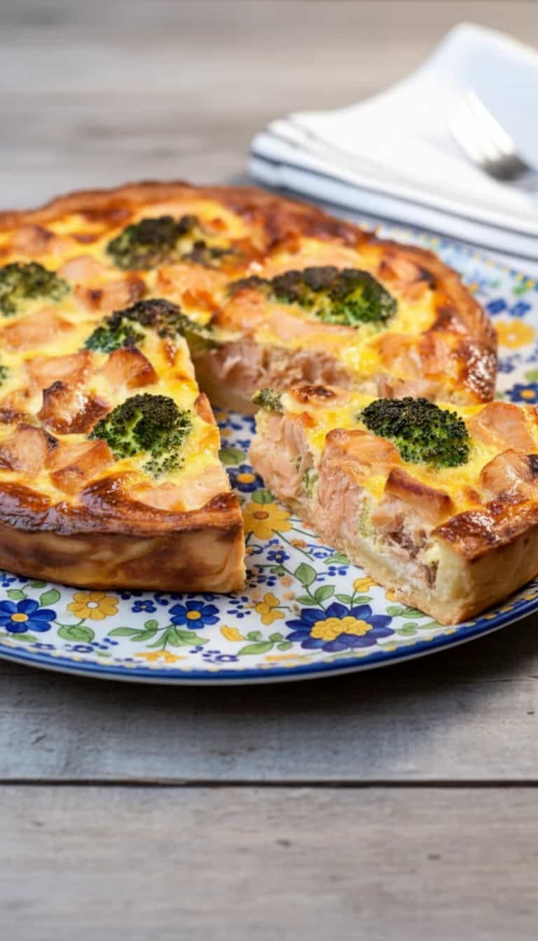 Foto deliciosa de Quiche de Salmão e Brócolis pronta para servir - Peixes & Frutos do Mar