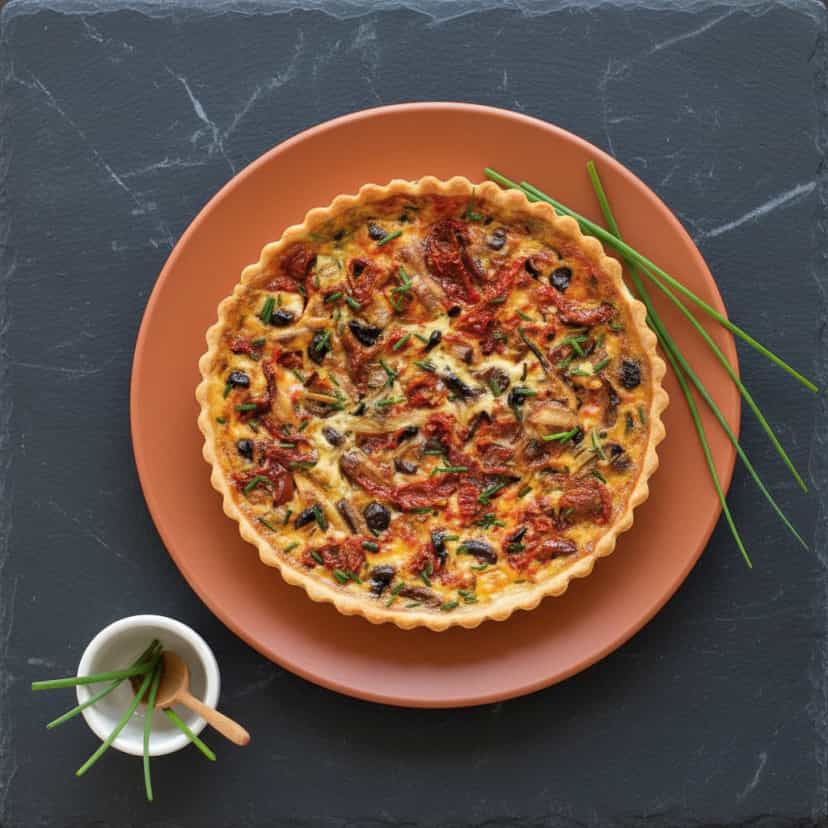 Foto deliciosa de Quiche de Tomate Seco e Azeitonas pronta para servir - Tortas Salgadas