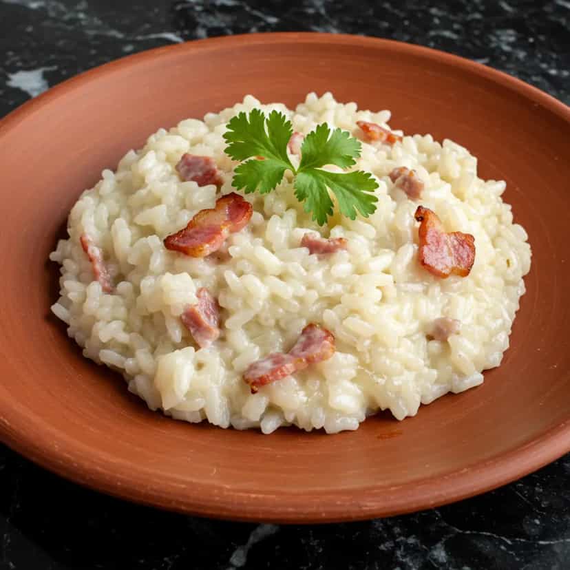 Foto deliciosa de Risoto Cremoso de Bacon e Cerveja pronta para servir - Massas & Macarrão