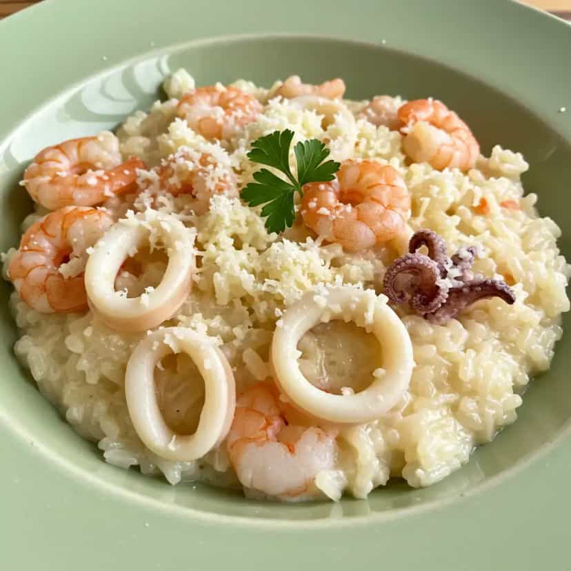 Foto deliciosa de Risoto de camarão e lula pronta para servir - Peixes & Frutos do Mar