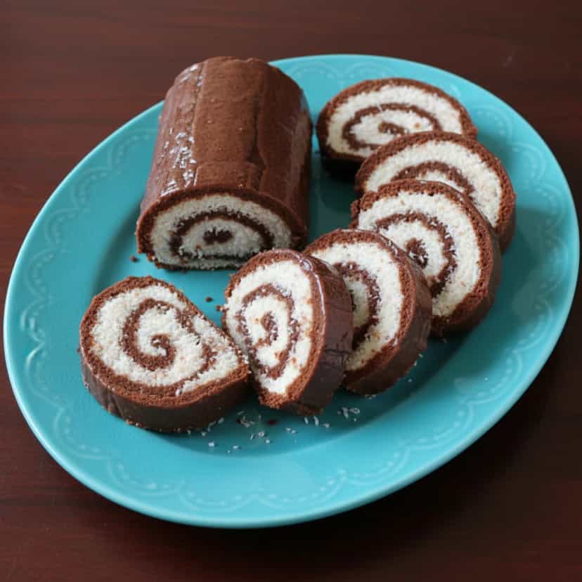 Foto deliciosa de Rocambole Cremoso de Chocolate e Coco pronta para servir - Bolos & Cupcakes