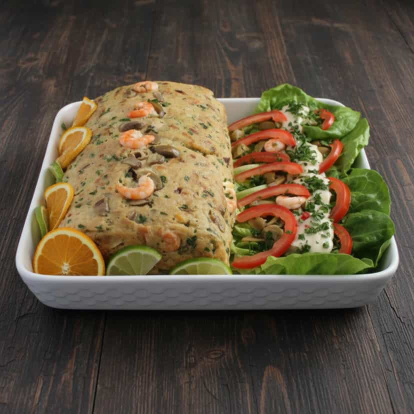 Foto deliciosa de Rocambole de Bacalhau com Camarão pronta para servir - Peixes & Frutos do Mar