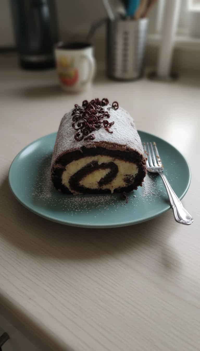 Foto deliciosa de Rocambole de Chocolate com Cerejas pronta para servir - Bolos & Cupcakes