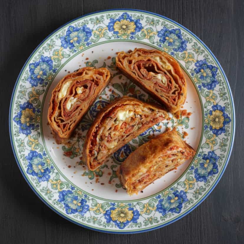 Foto deliciosa de Rocambole de Pastel Recheado pronta para servir - Salgadinhos