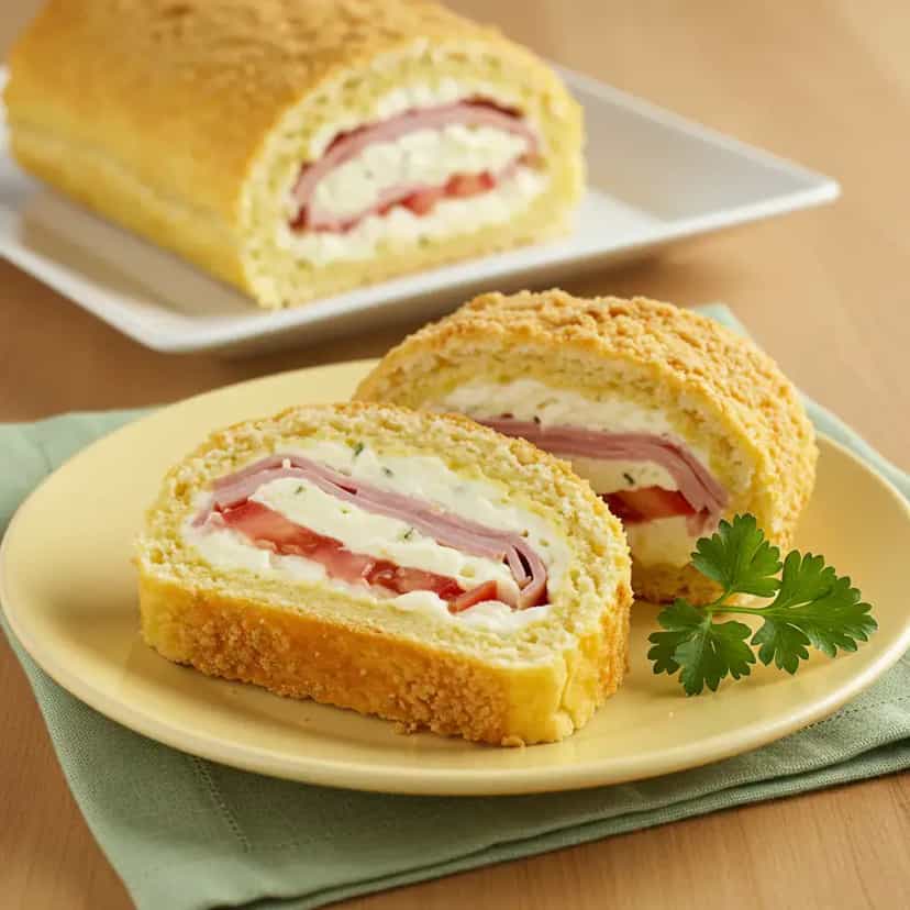 Foto deliciosa de Rocambole de Presunto e Mussarela pronta para servir - Salgadinhos