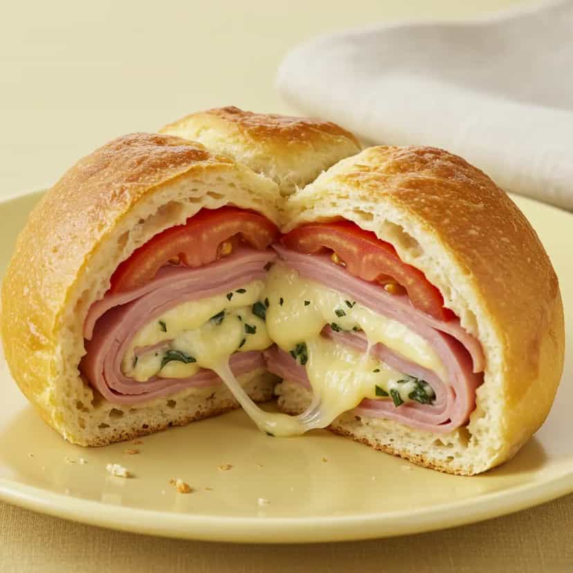 Foto deliciosa de Rocambole de Presunto e Queijo Caseiro pronta para servir - Lanches de Padaria
